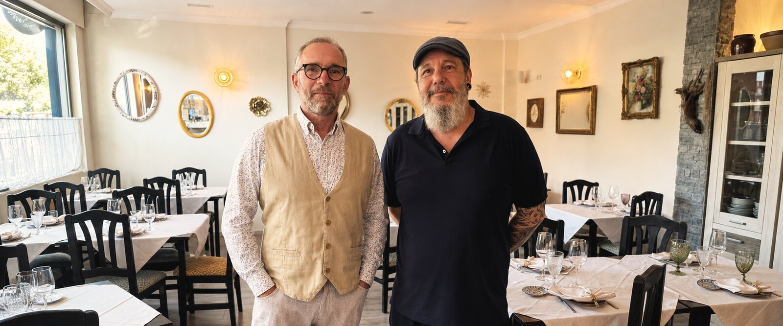 Francis y Yannick, de pie en el comedor de Los Osos Golosos